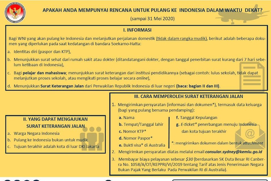 Surat keterangan yang harus dibuat bila anda hendak pulang ke Indonesia sampai tanggal 31 Mei 2020.