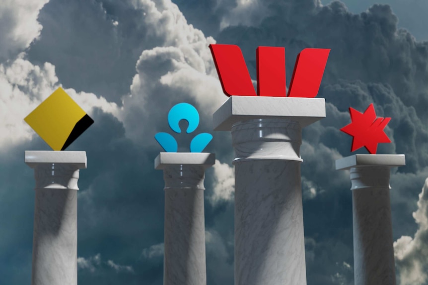 Images of Australia's big four banks on plinths with Westpac out front.