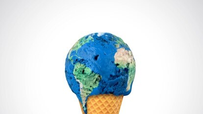 Computer image of earth melting on an ice cream cone