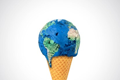 Computer image of earth melting on an ice cream cone
