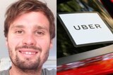 composite image of man smiling and uber sign