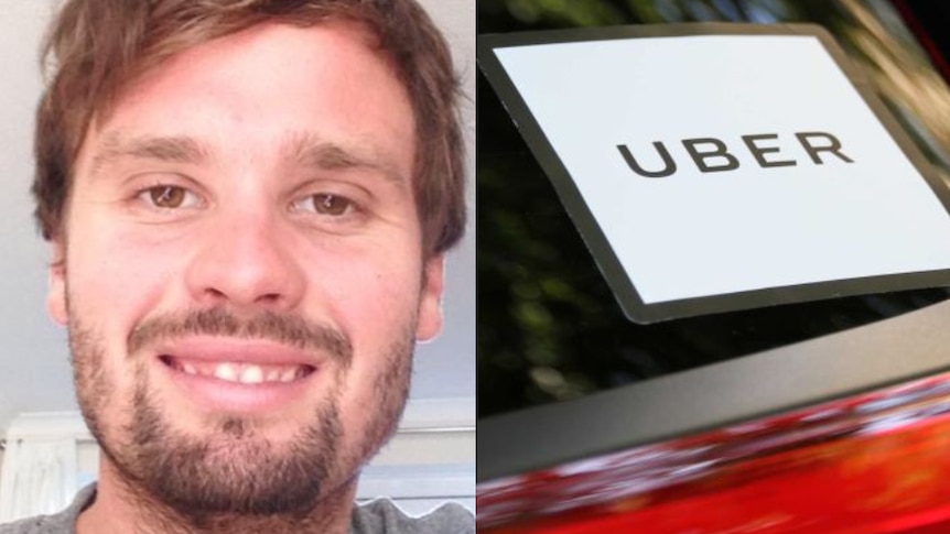 composite image of man smiling and uber sign