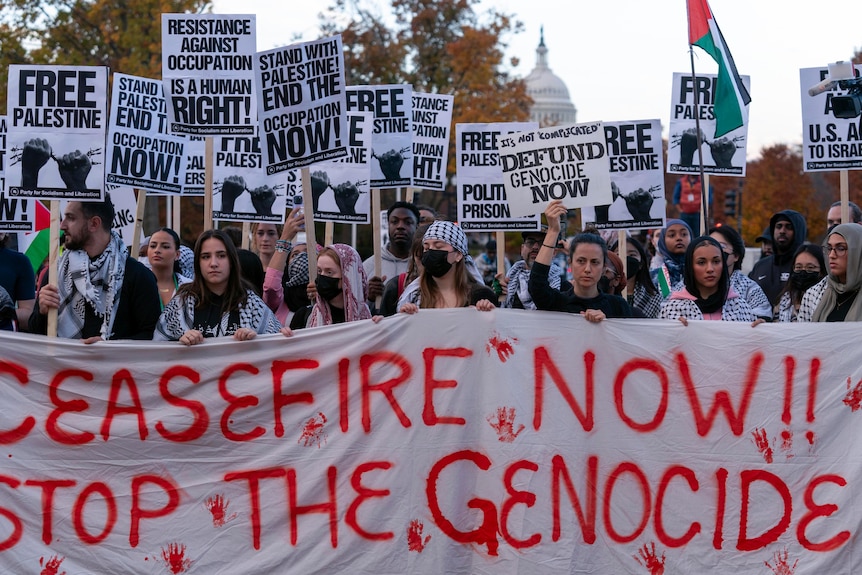 Protesters march behind a banner that says 'ceasefire now stop the genocide'. The US Capitol is in the background