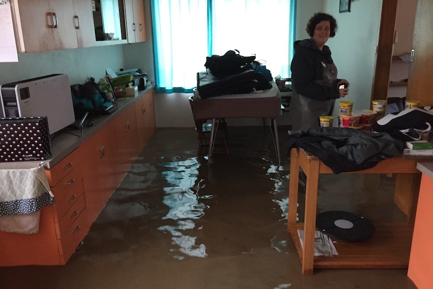 A woman in her dark, flooded kitchen.
