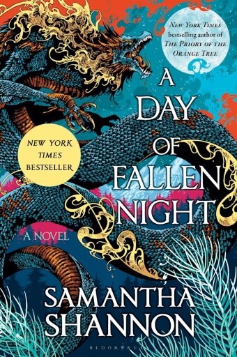 The book cover of A Day of Fallen Night by Samantha Shannon, a dragon winding around 