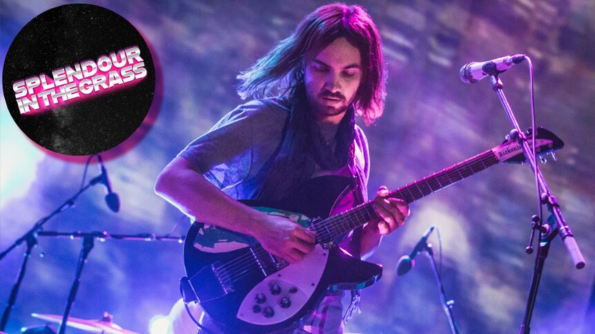 Tame Impala performing live with a logo for Splendour In The Grass 2019