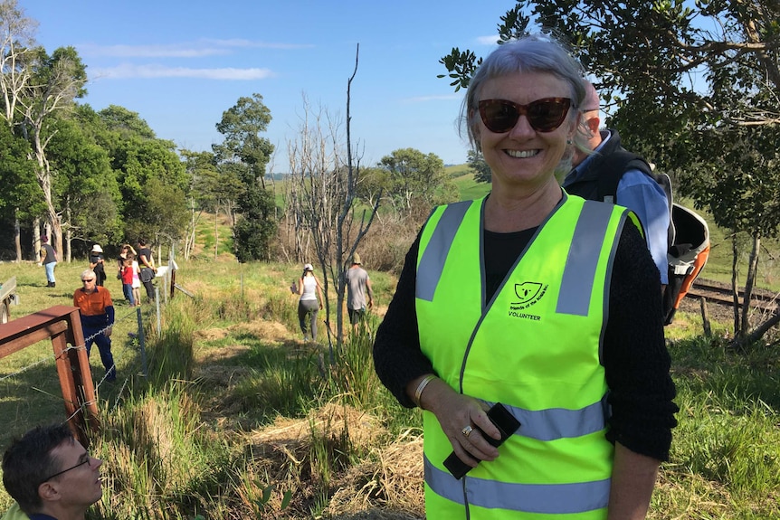 A woman in a high viz vest stands in front of people planting trees