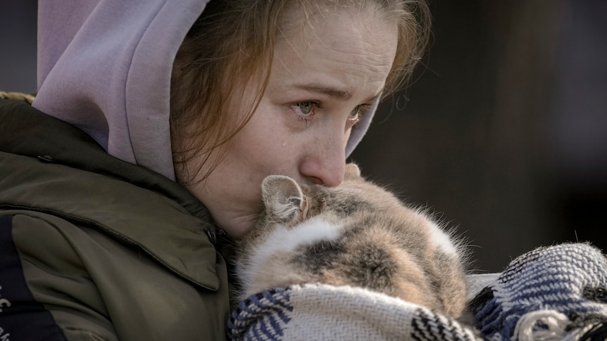 A woman who was evacuated from Irpin cries kissing a cat wrapped in a blanket.