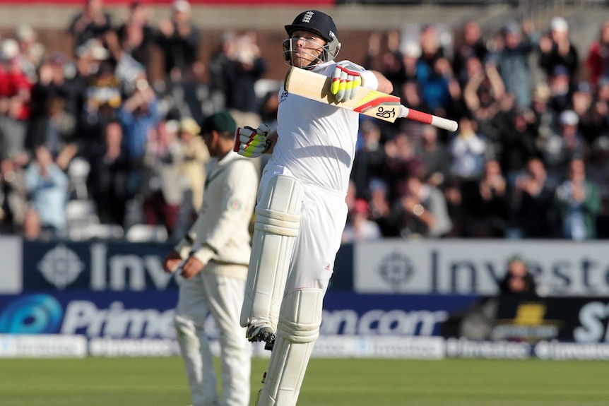 England batsman Ian Bell celebrates reaching his century of the Ashes series