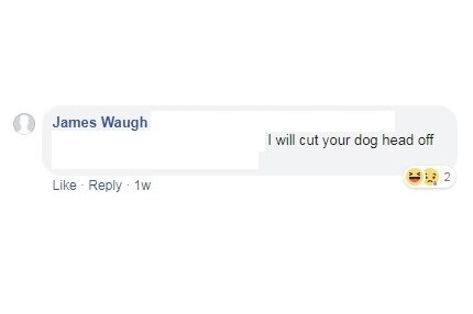 A Facebook comment by James Waugh reading: I will cut your dog head off.
