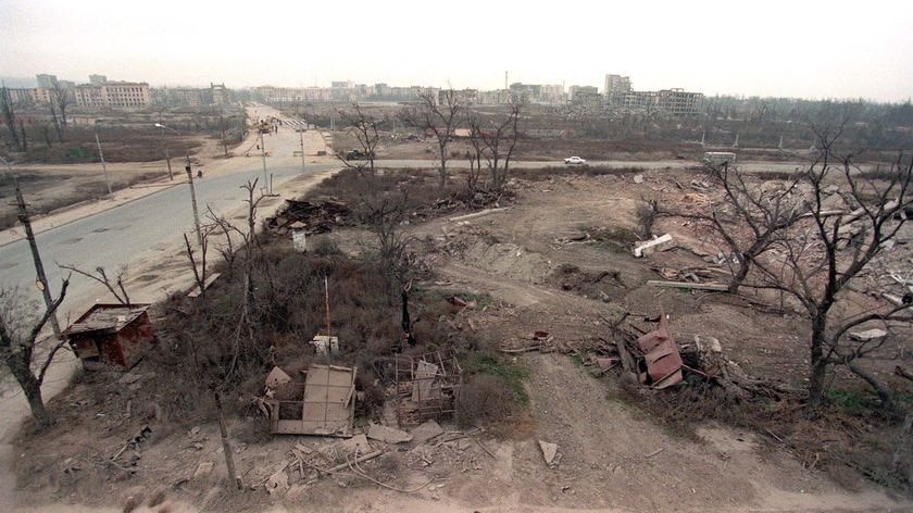 A man walks in the streets of central Grozny