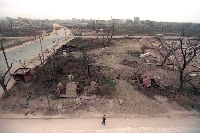 A man walks in the streets of central Grozny