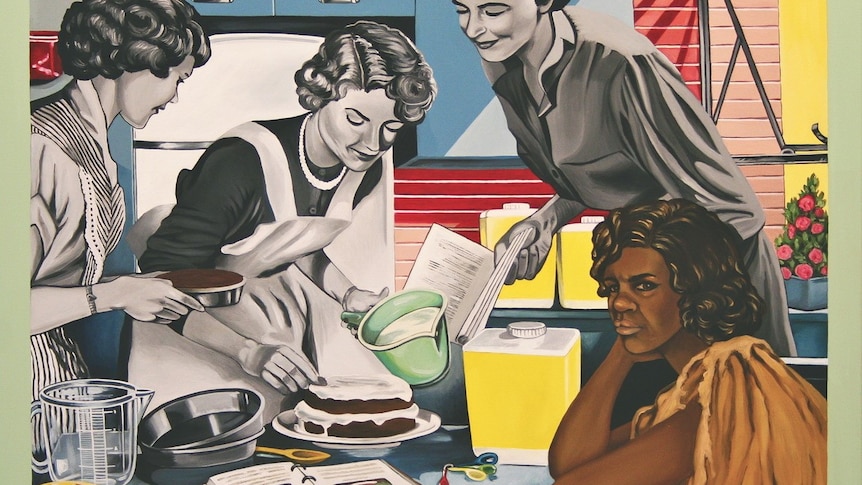 A painting with an Aboriginal woman in kangaroo skin cloak in the foreground, women in grey tones bake a cake in the background