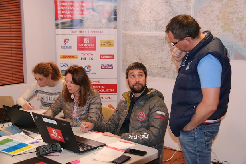 Fedor Konyukhov's team, including his son Oscar at the control centre in Northam.