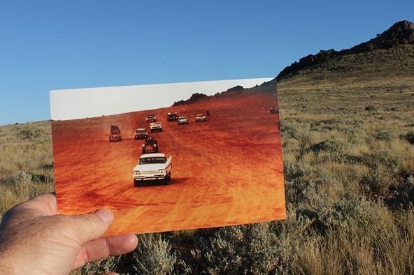 Photo of Mad Max vehicles in the time of film held up against the Silverton outback today.