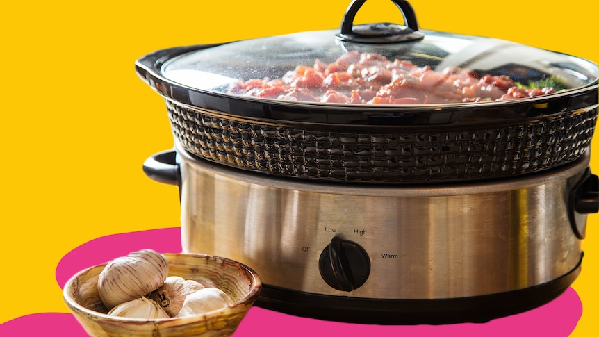 A generic image of a slow cooker cut out against a yellow background with a pink shadow. A bowl of garlic is in front.