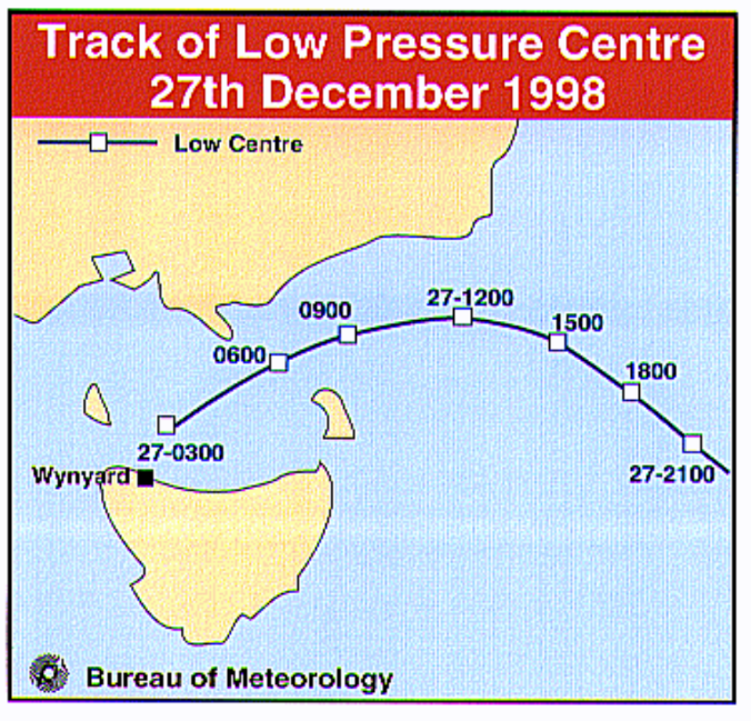 map showing how the low moved from NW Tas at 0300 on the 27th to edge of strait by 1200 on the 27th