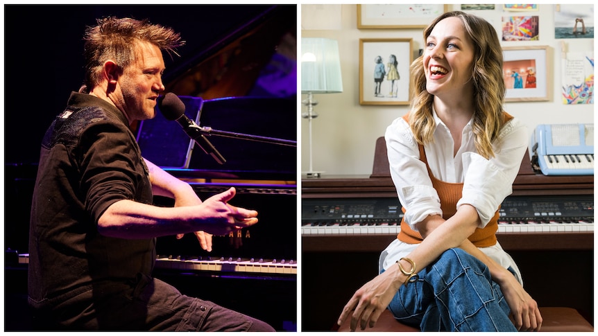 A composite image of Eddie Perfect sitting at a piano on stage and Gillian Cosgriff smiling in front of an electronic keyboard.
