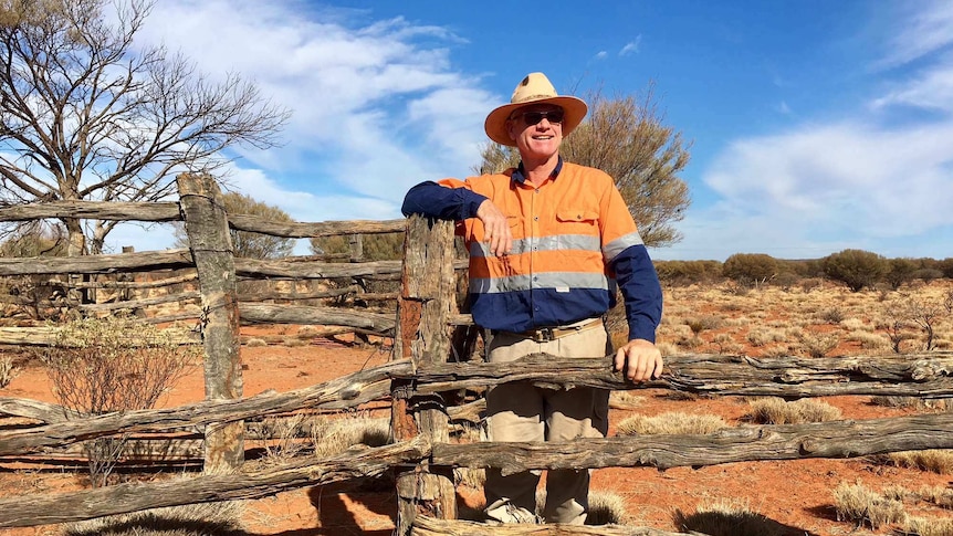 Man leans against old posts which form stock yards in remote bush setting