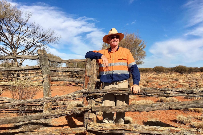 Man leans against old posts which form stock yards in remote bush setting.