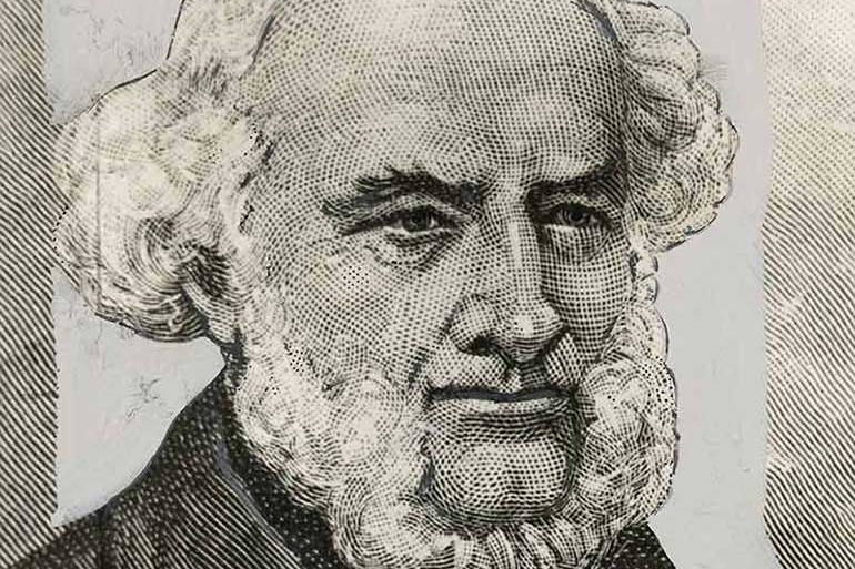 a black and white sketch of a man with a big white beard, in an official portait.