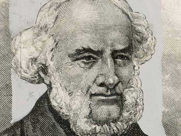 a black and white sketch of a man with a big white beard, in an official portait.