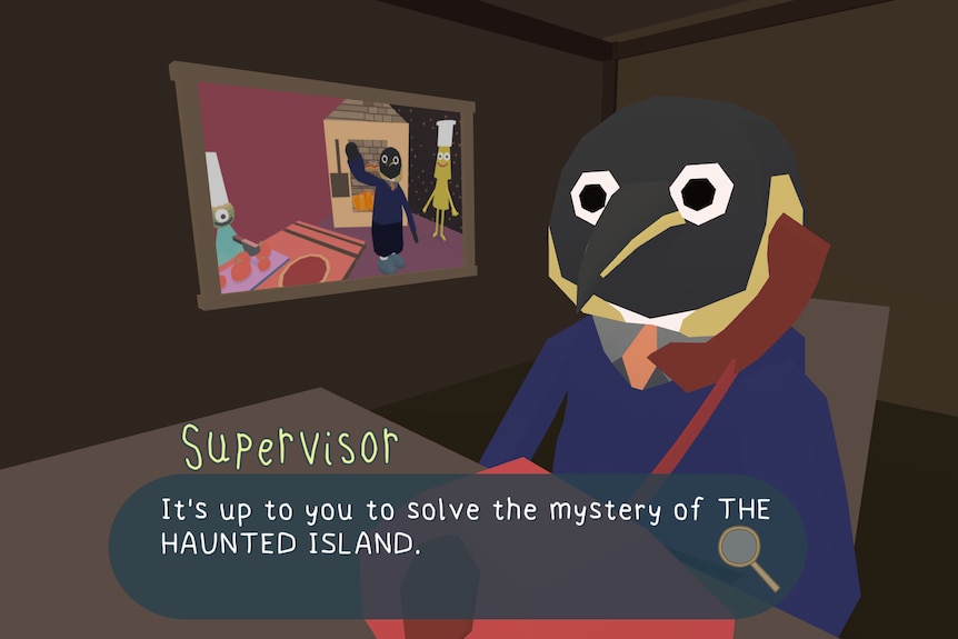 An animation of a penguin in a suit sitting at a desk with a phone up to his ear, a line of dialogue below him