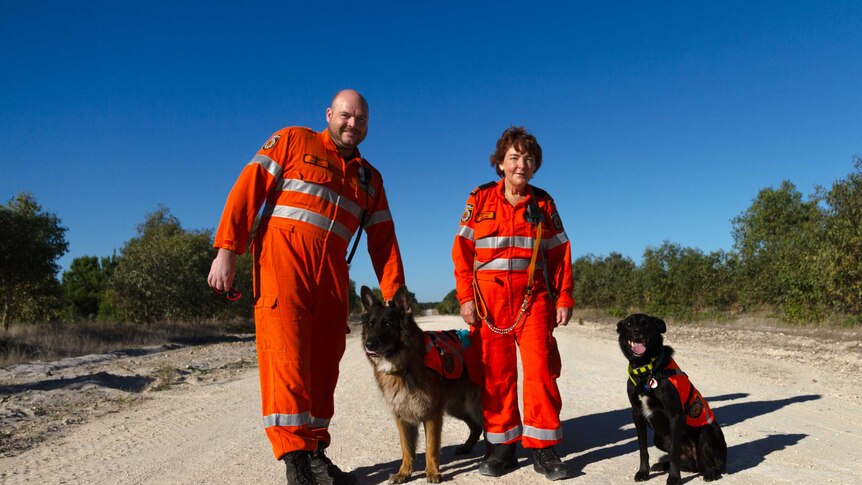 SES search dogs Sullie and Samwise stand with their handlers Andrew King and Leonie Briggs.