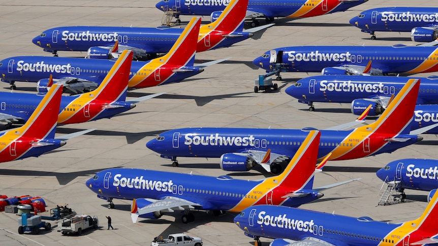 Rows of blue planes with Southwest written on them all grounded. 