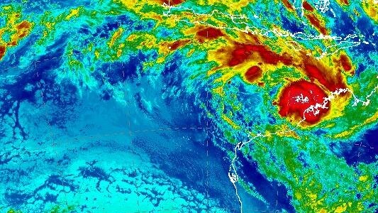 A satellite image showing a tropical low off the WA coast. The area of highest intensity sits just on the coast.