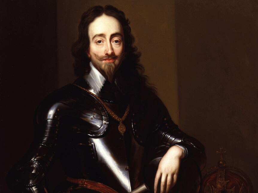An oil painting of England's King Charles I in metal armour and holding a baton and a helmet.