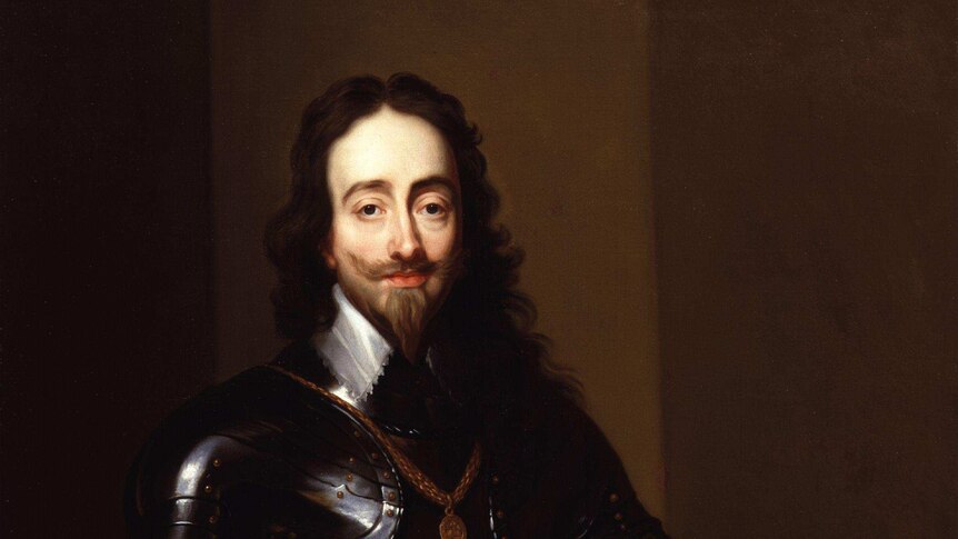 An oil painting of England's King Charles I in metal armour and holding a baton and a helmet.