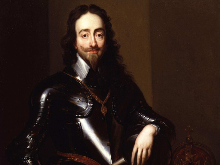 An oil painting of England's King Charles I in metal armour and holding a baton and a helmet.