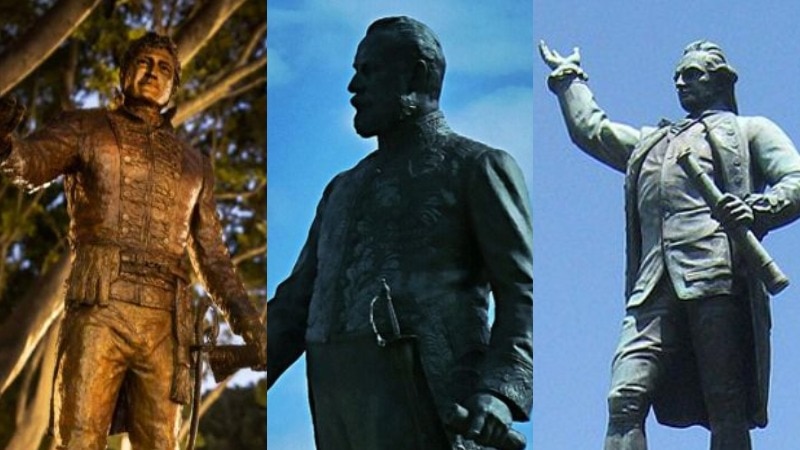 Composite image of statues of Lachlan Macquarie, Charles Cameron Kingston and Captain James Cook.