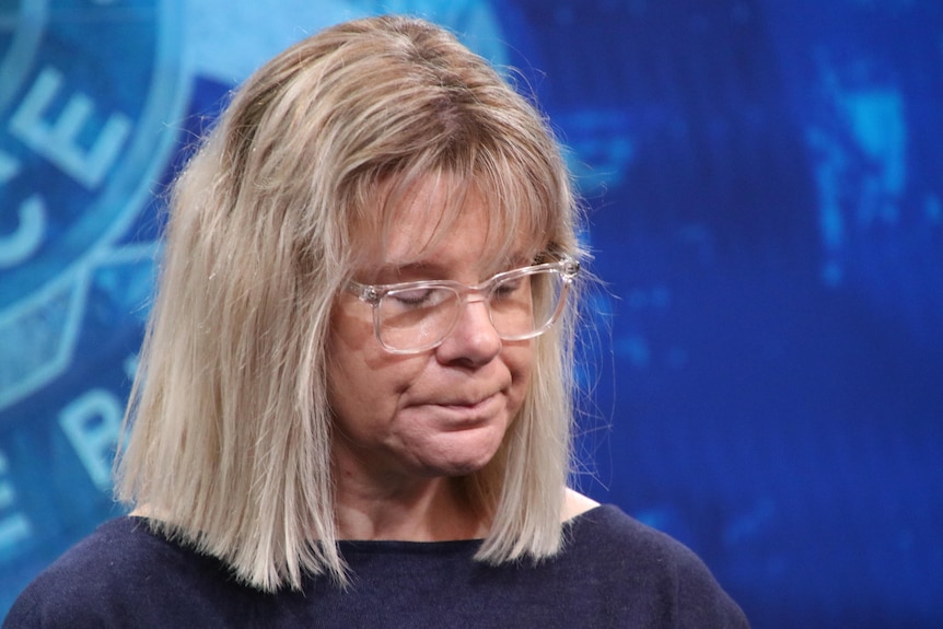 A photo of Jason Langhan's mother at a press conference.