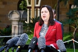 Annastacia Palaszczuk speaks at a lectern with several microphones in front at a media conference in Brisbane.