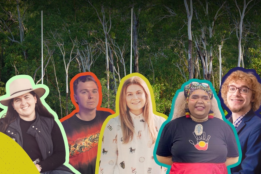 Image of a forest in front of it is a collage of pictures from young people with a different coloured outline around each person