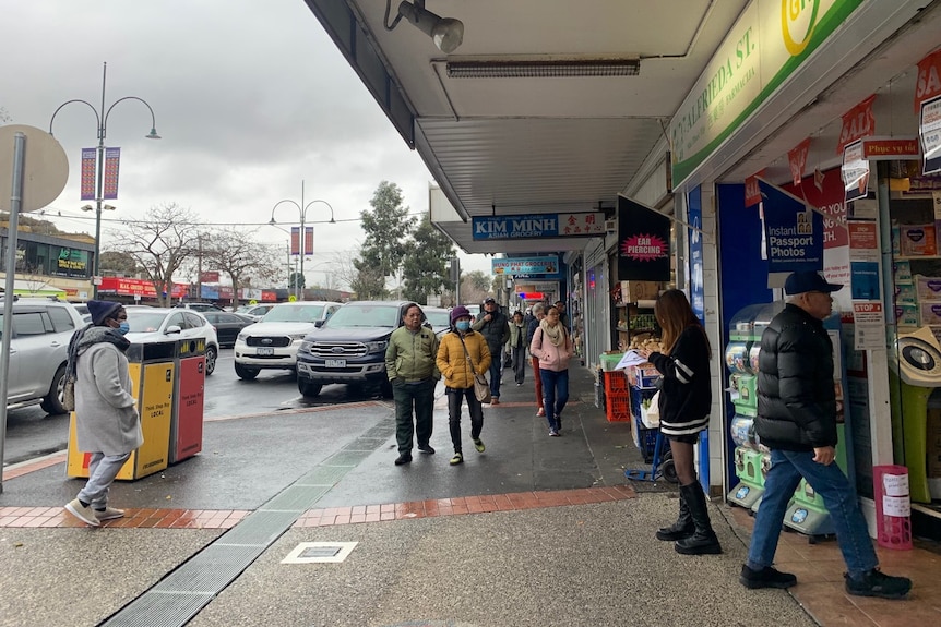 An outdoor shopping strip.