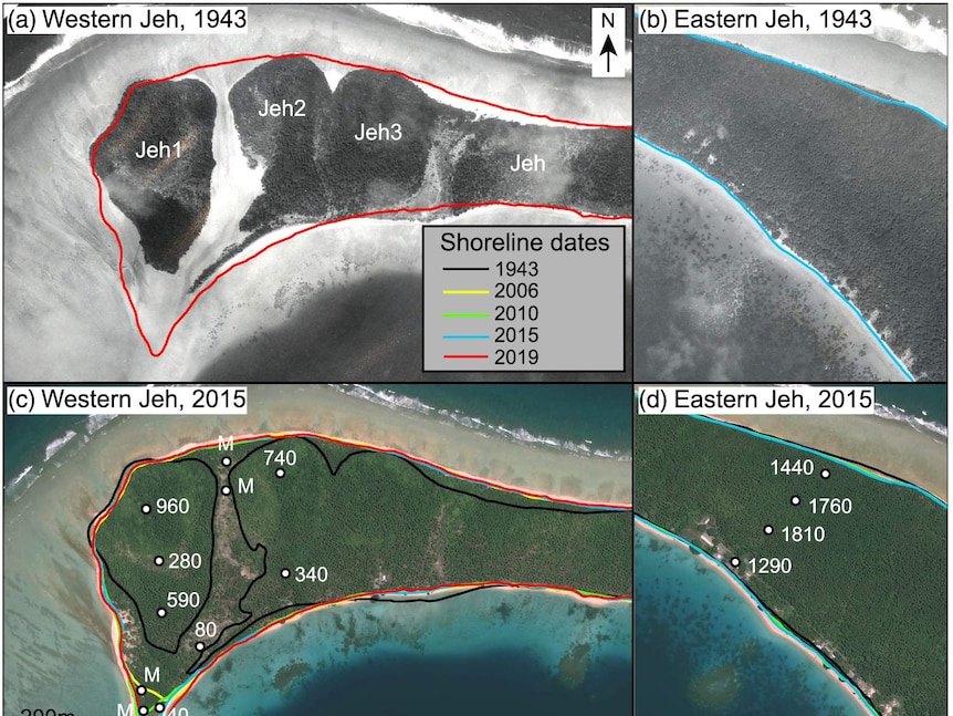 A composite showing the historical shoreline of Jeh, compared to how it has changed in more recent years.