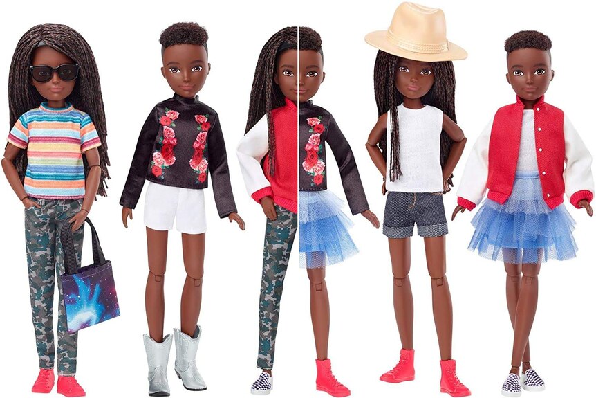 A composite image of a gender neutral Creatable World doll dressed up in various outfits, hairstyles and accessories