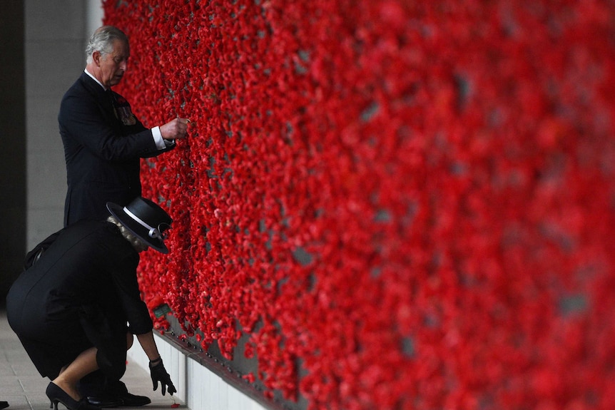 Prince Charles and Camilla pin red poppies to a wall covered in red flowers