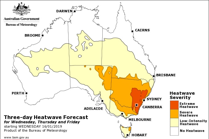 Map of Australia orange and red of NSW showing severe to extreme heatwave conditions.