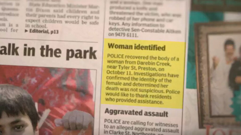 A section of newspaper. Highlighted in yellow is a small box of text headlined 'woman identified'