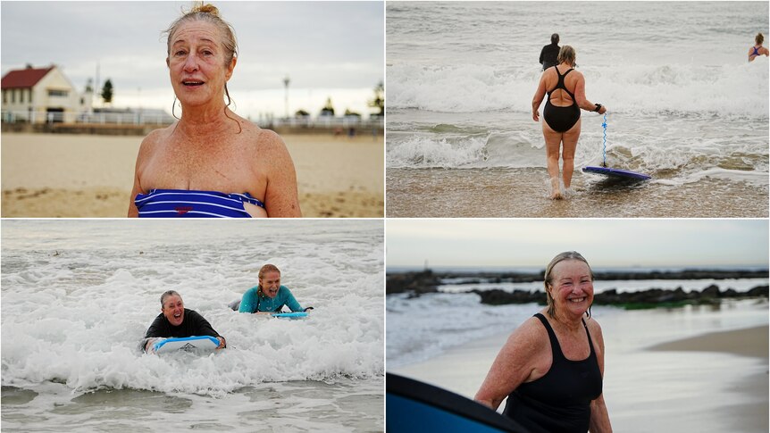 Four pictures of elderly ladies at the beach and body boarding.