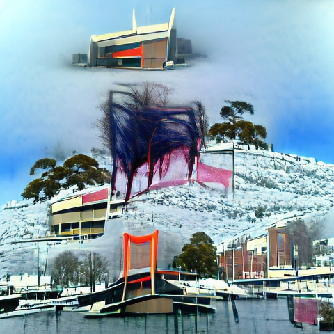 A purple blur on the slop of a snowy mountain with buildings