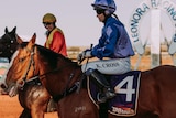 A jockey riding a horse at a country race meeting.