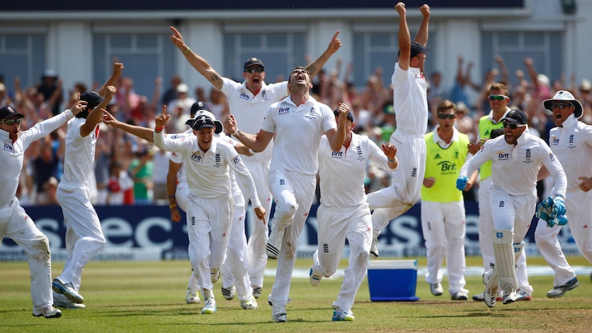 James Anderson and the England cricket team celebrate beating Australia in the first Ashes Test.