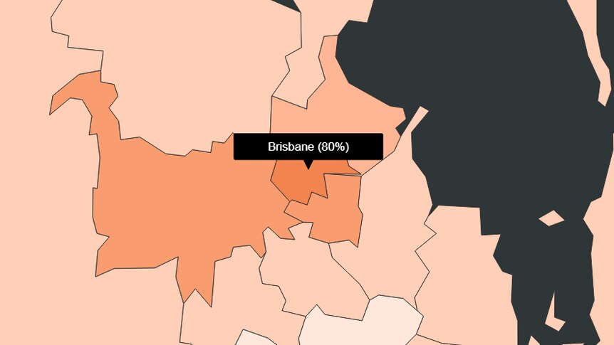 A map shows SSM support in the seat of Brisbane is 80 per cent and surrounding seats are also strongly supportive.