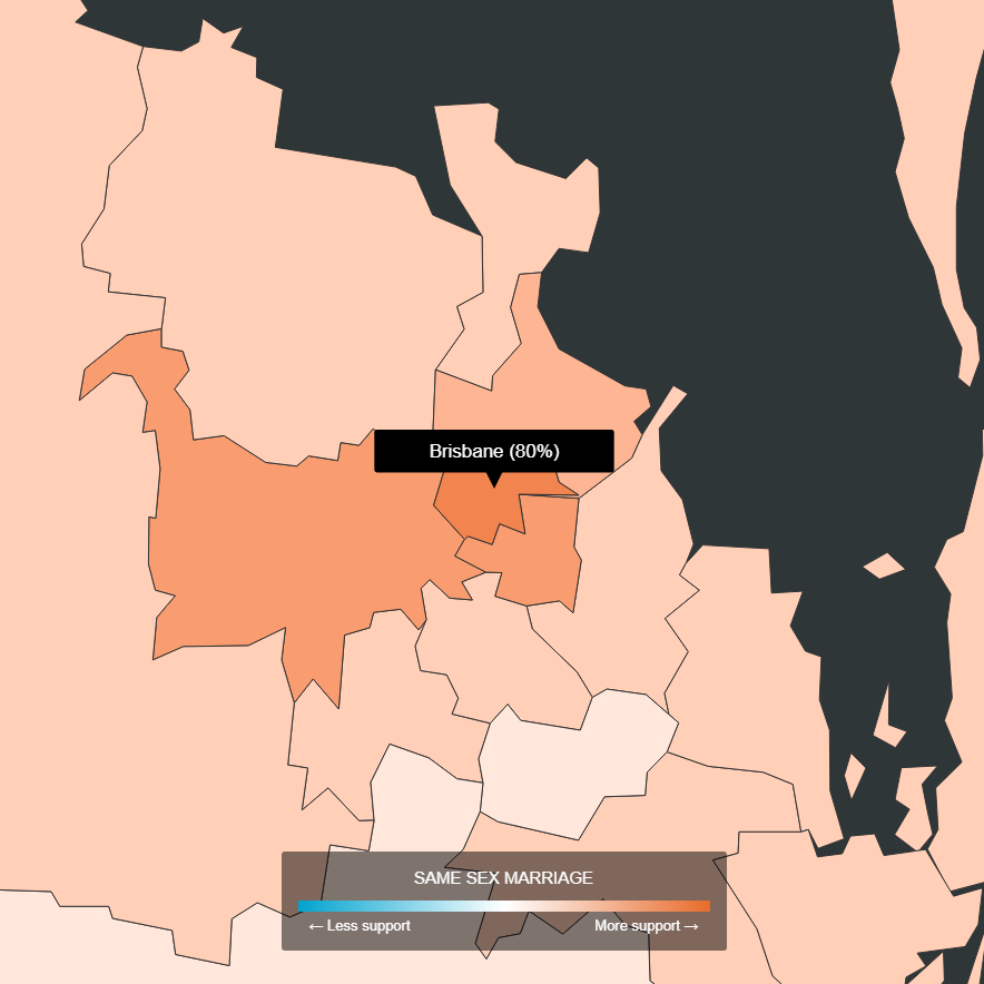 A map shows SSM support in the seat of Brisbane is 80 per cent and surrounding seats are also strongly supportive.