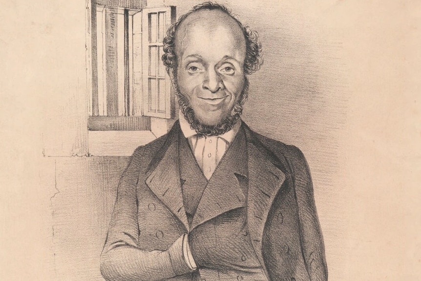 An 1800s sepia illustration of a balding man in a jacket, in front of a window